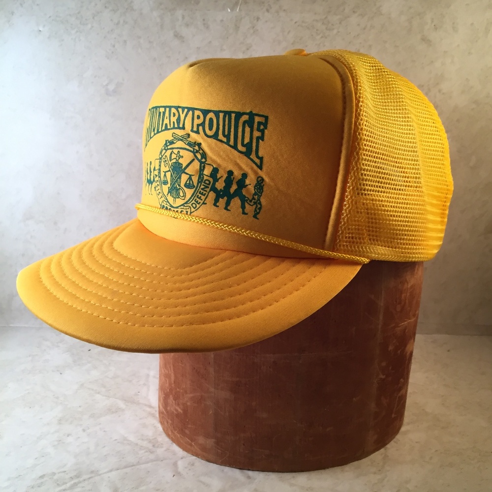 Military Police Yellow Trucker Hat with Green Print